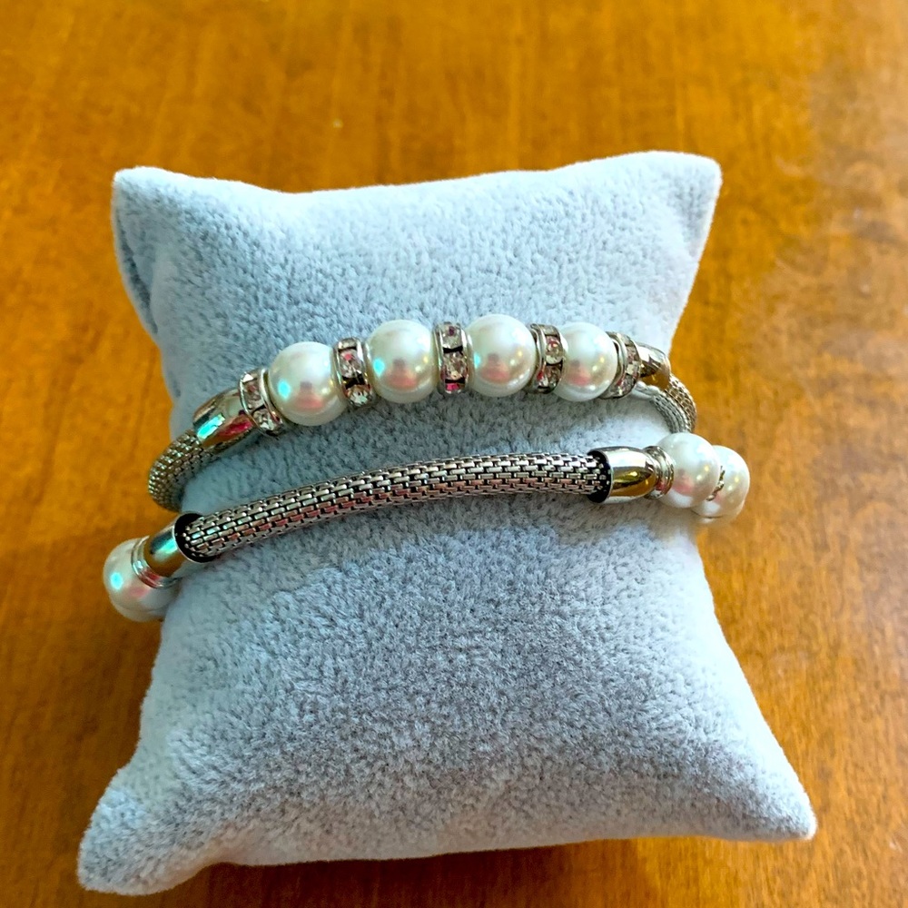 2 Pearl and Silver Stackable Bracelets